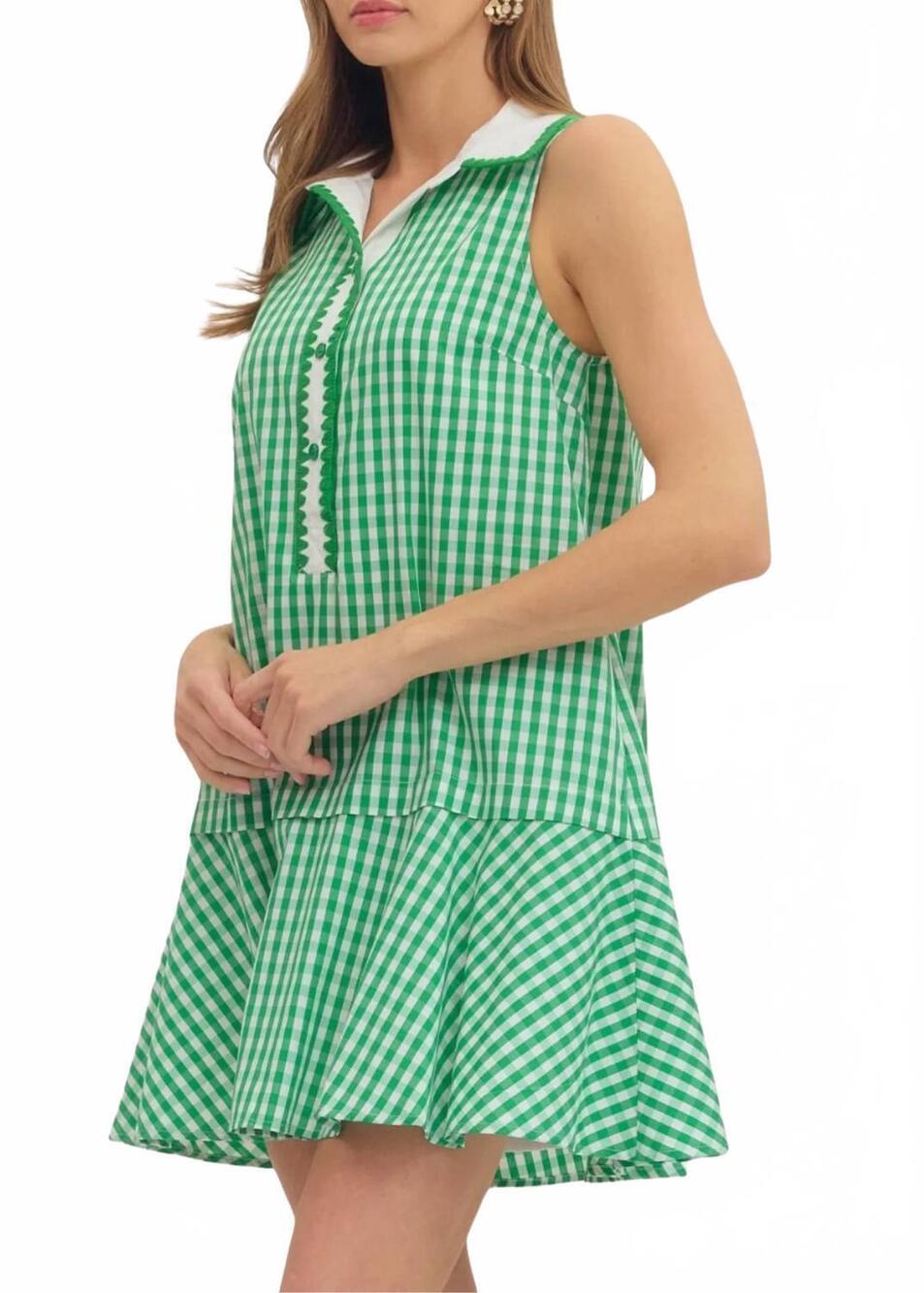 NEW ENTRO gingham cotton mini dress in green